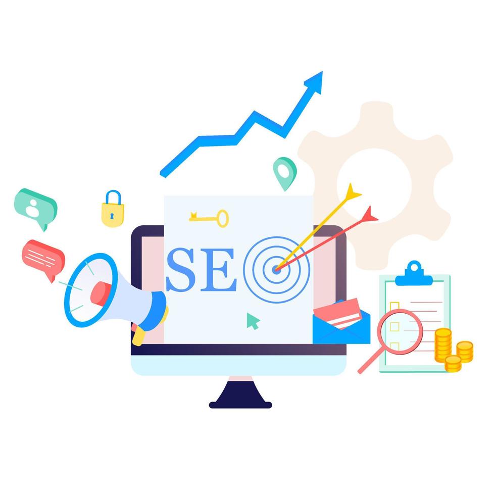 página de destino de la optimización de motores de búsqueda seo plantilla isométrica de diseño plano moderno. análisis y optimización de seo conceptual, estrategias de seo e ilustración de vector de concepto de marketing para sitio web.