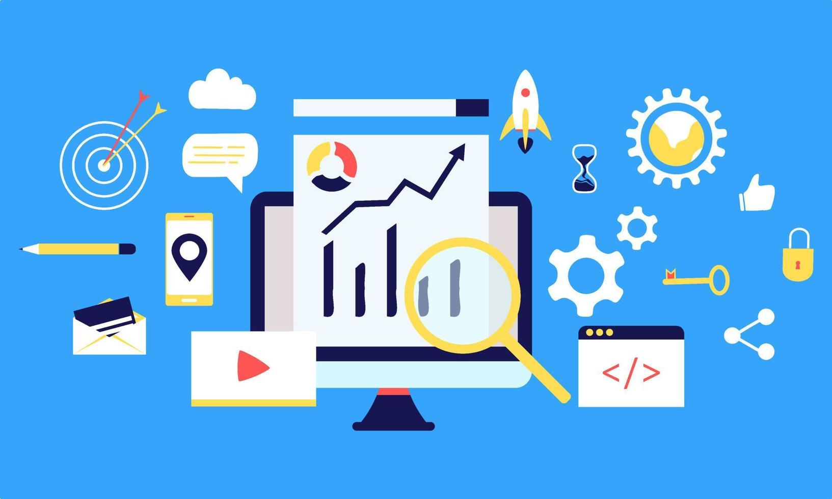 Landing page of SEO Search Engine Optimization modern flat design isometric template. Conceptual SEO analysis and optimization, SEO strategies and marketing concept vector illustration for web site.