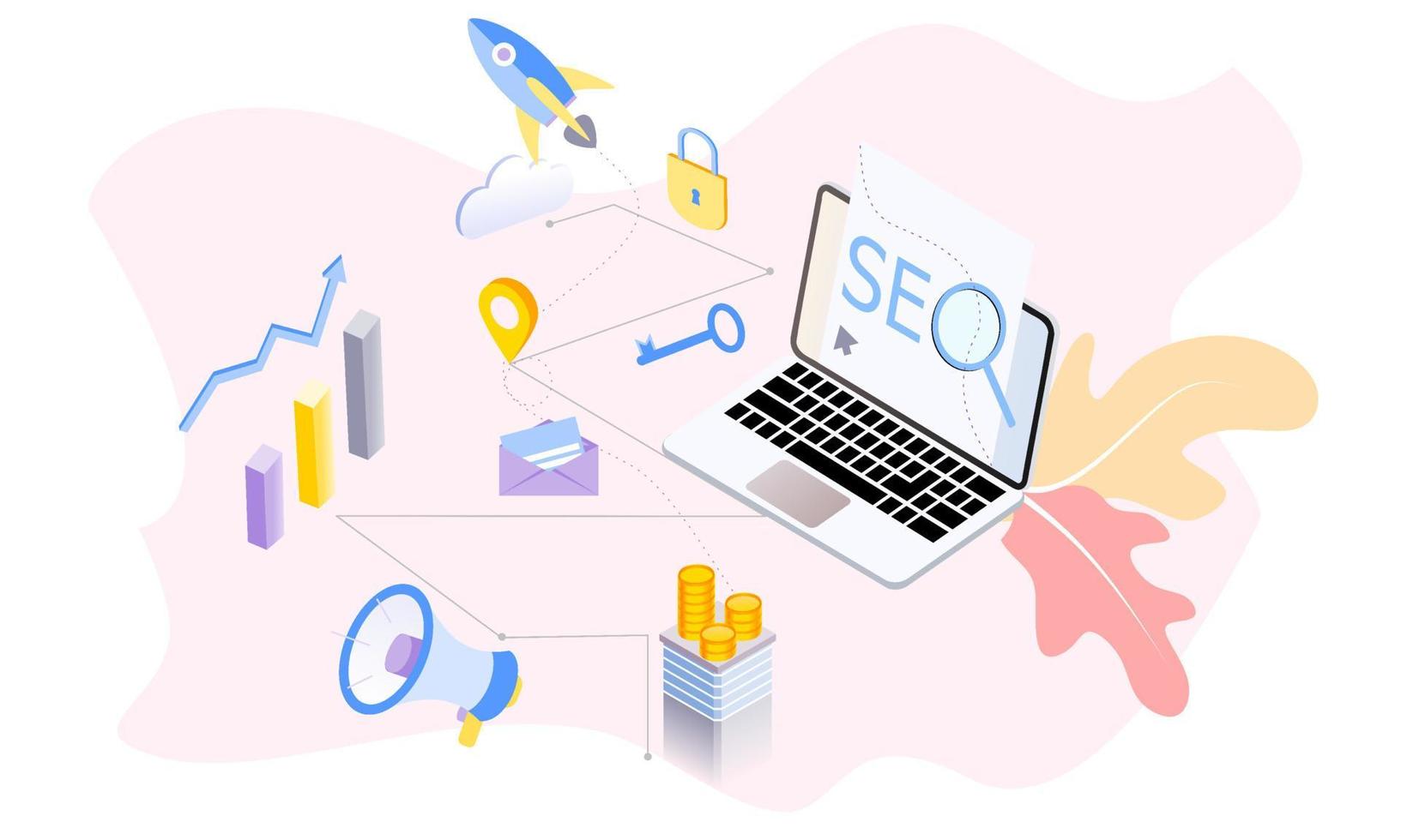 página de destino de la optimización de motores de búsqueda seo plantilla isométrica de diseño plano moderno. análisis y optimización de seo conceptual, estrategias de seo e ilustración de vector de concepto de marketing para sitio web.