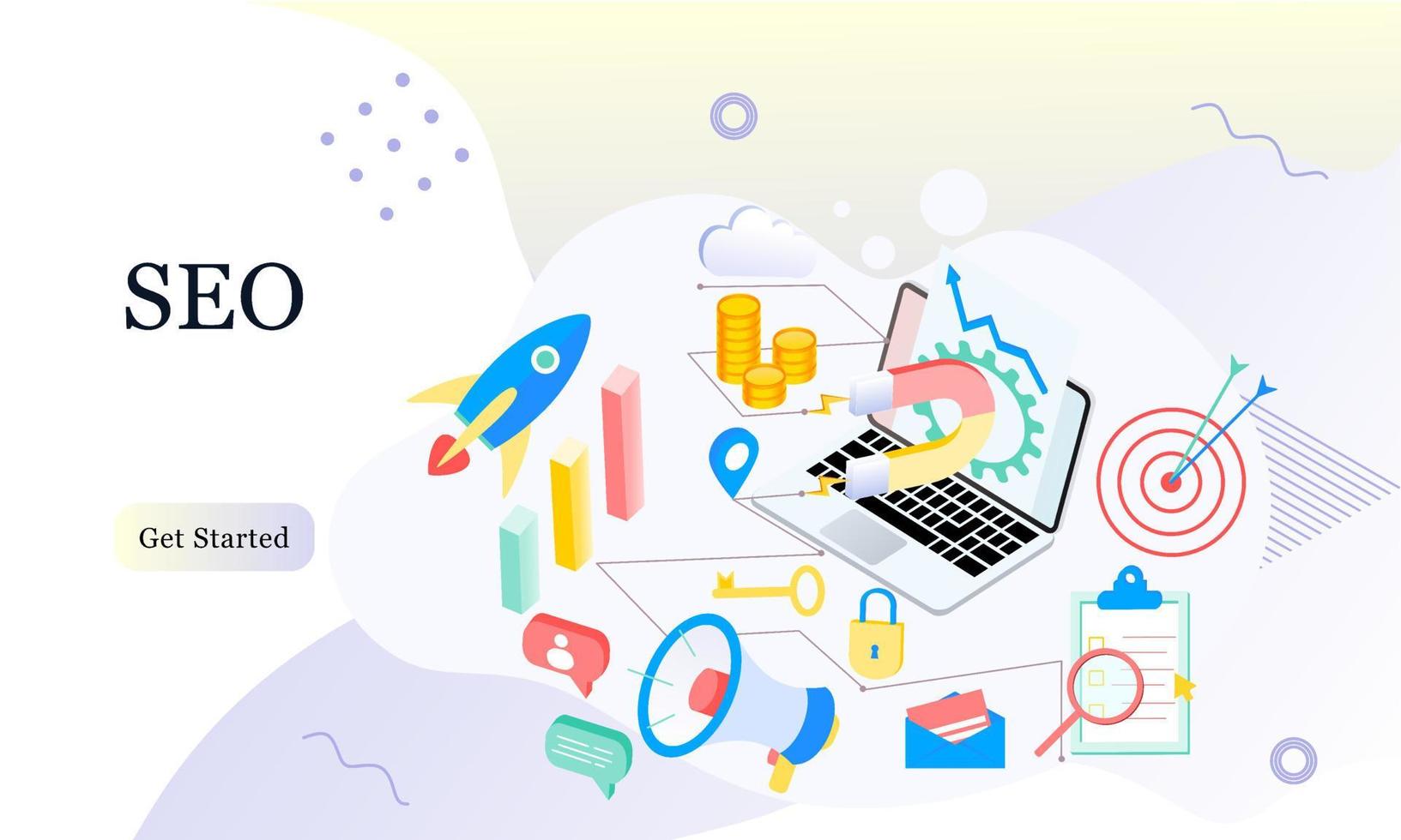 Landing page of SEO Search Engine Optimization modern flat design isometric template. Conceptual SEO analysis and optimization, SEO strategies and marketing concept vector illustration for web site.