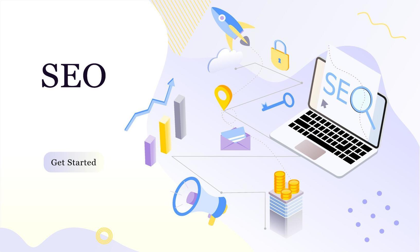 Landing page of SEO Search Engine Optimization modern flat design isometric template. Conceptual SEO analysis and optimization, SEO strategies and marketing concept vector illustration for web site.