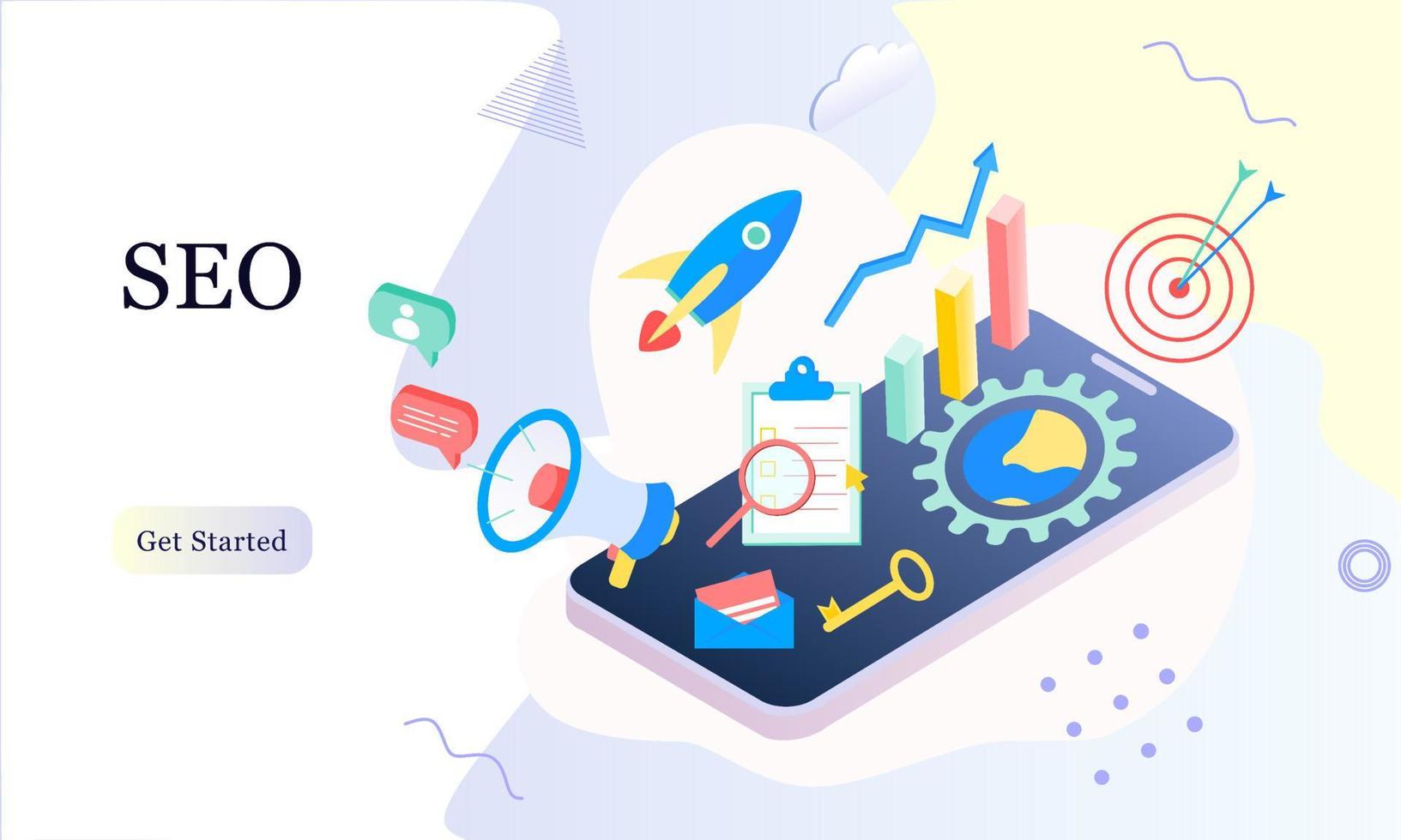 Landing page of SEO Search Engine Optimization modern flat design isometric template. Conceptual SEO analysis and optimization, SEO strategies and marketing concept vector illustration for web site.