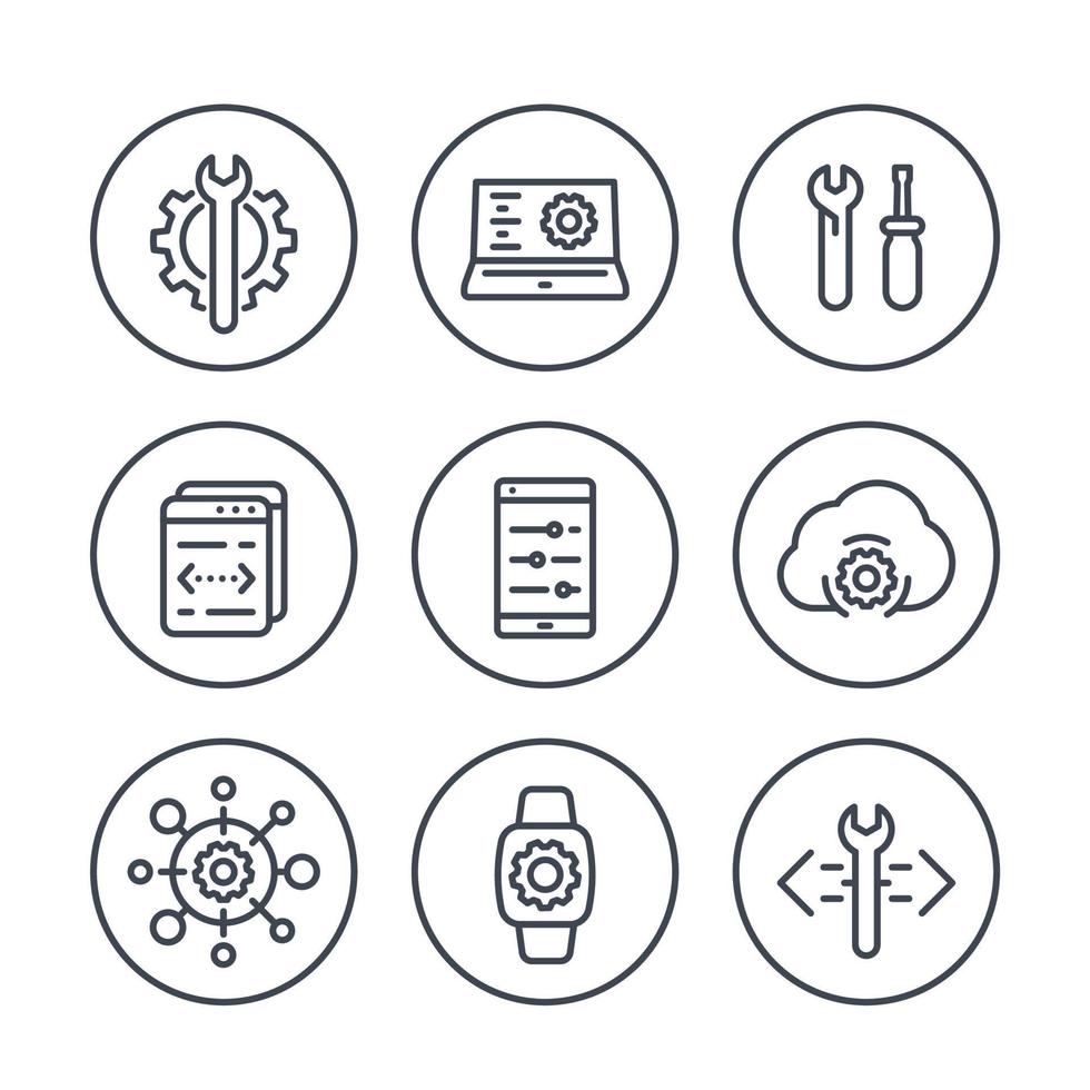 development, engineering, configuration line icons in circles for apps and web vector