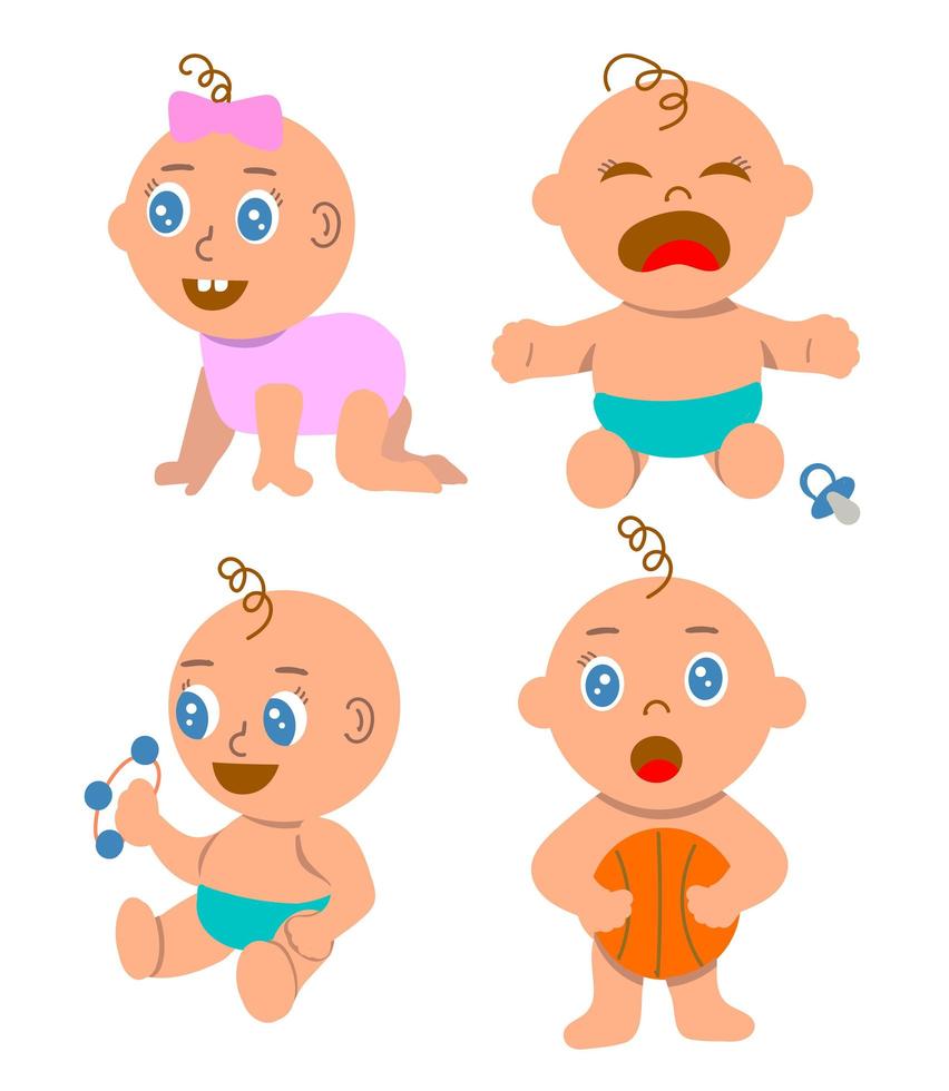 Set of cute babies playing. Different emitions and poses vector