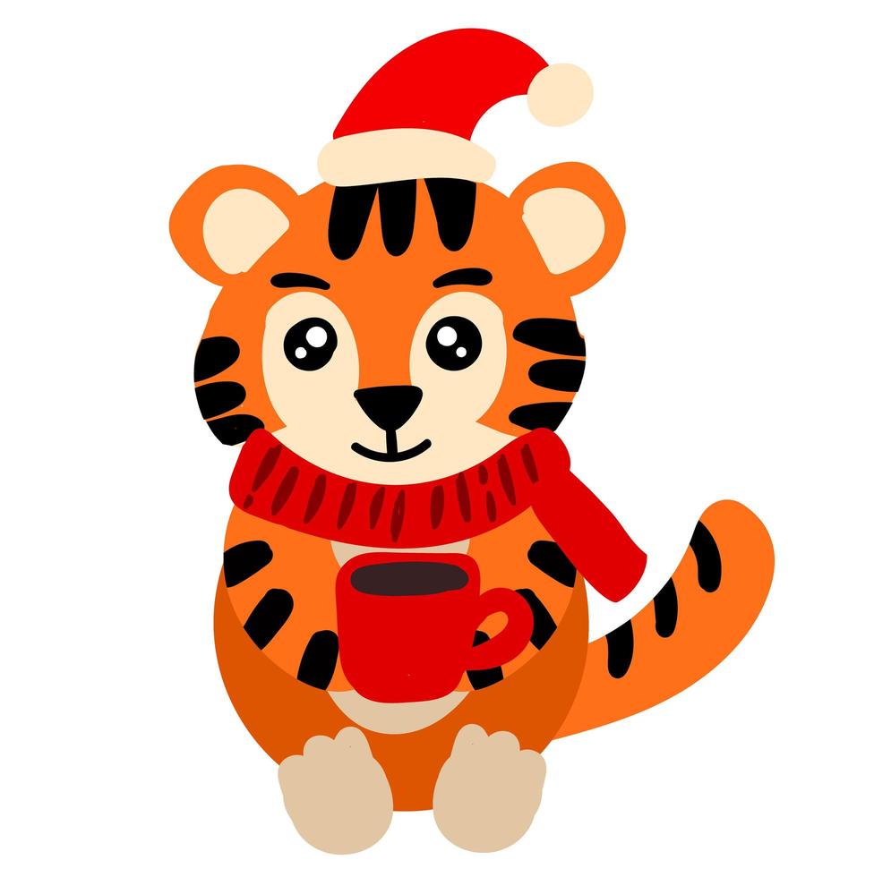 Cute tiger with red cup of tea. New year illustration for kids vector