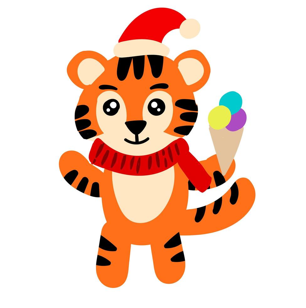 Cute tiger with ice cream. New year illustration for kids vector