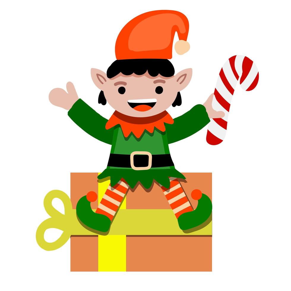 feliz navidad duende sentado en caja de regalo. ilustración vectorial vector