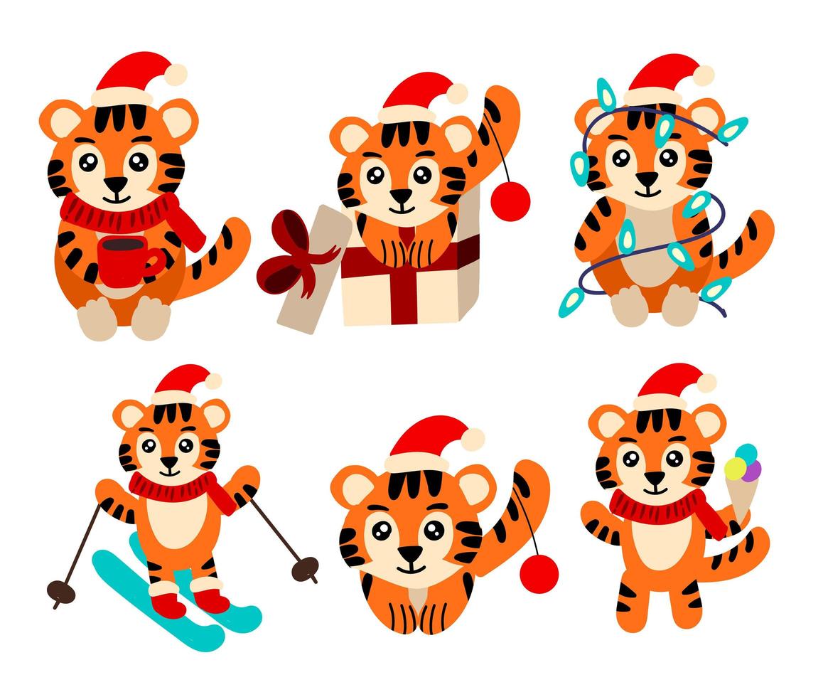 Set of cute christmas tiger stickers. New year illustration for kids vector