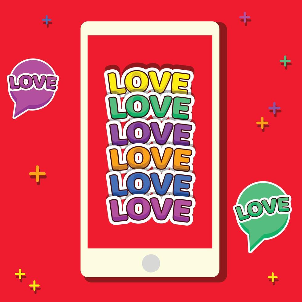 Love text lettering design sticker concept in smartphone vector illustration