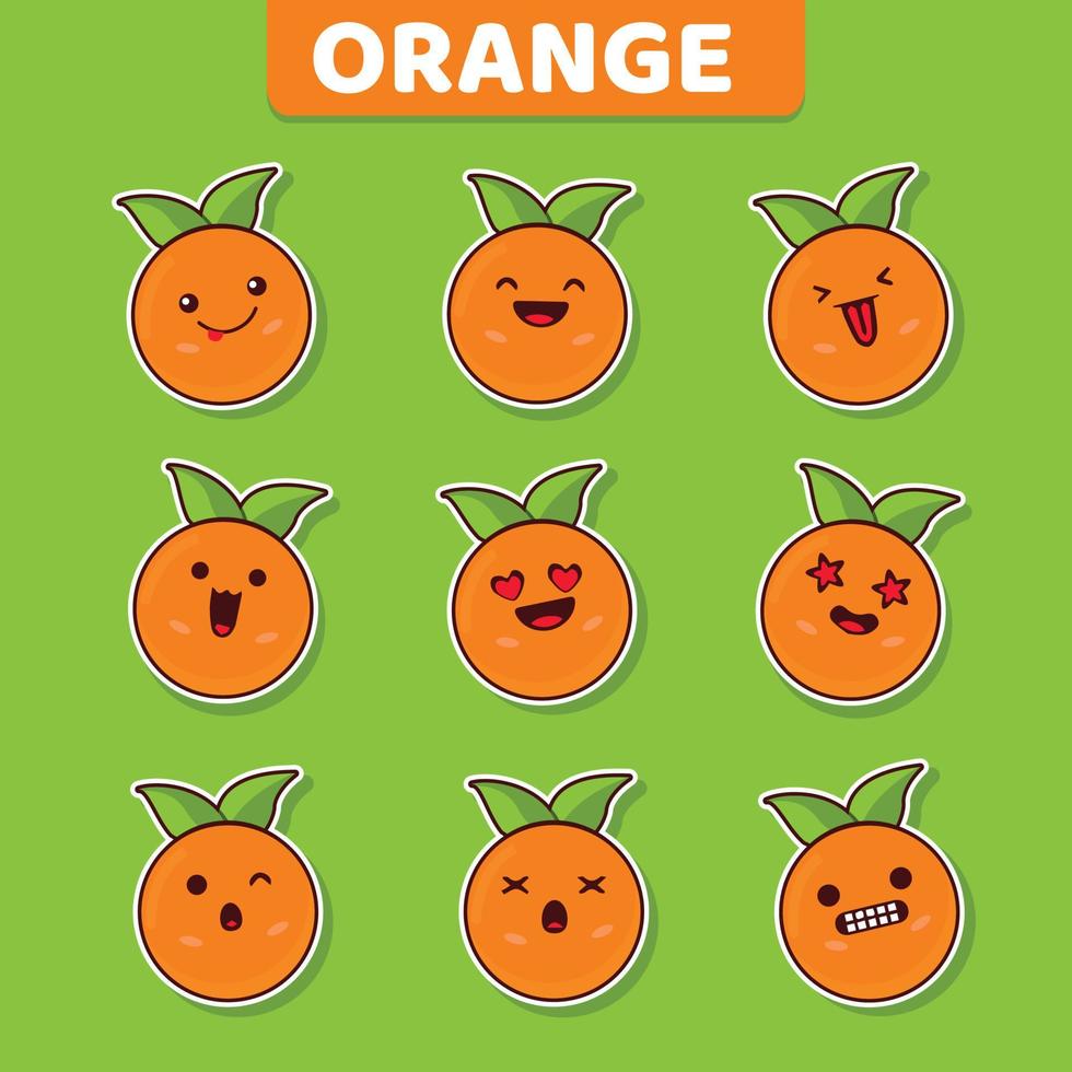 Set of cute and funny orange fruit characters sticker vector illustration