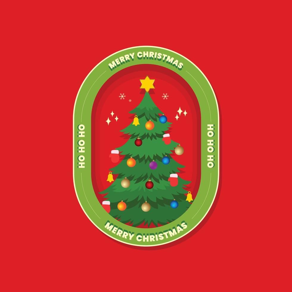 Diseño de etiqueta y placa de vacaciones de Navidad con ilustración de vector de árbol decorado