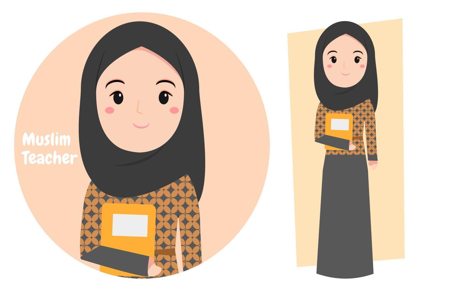 Muslim teacher in hijab with cute cartoon character illustration wearing batik costume and book for teacher's day greeting banner, poster, social media post. vector