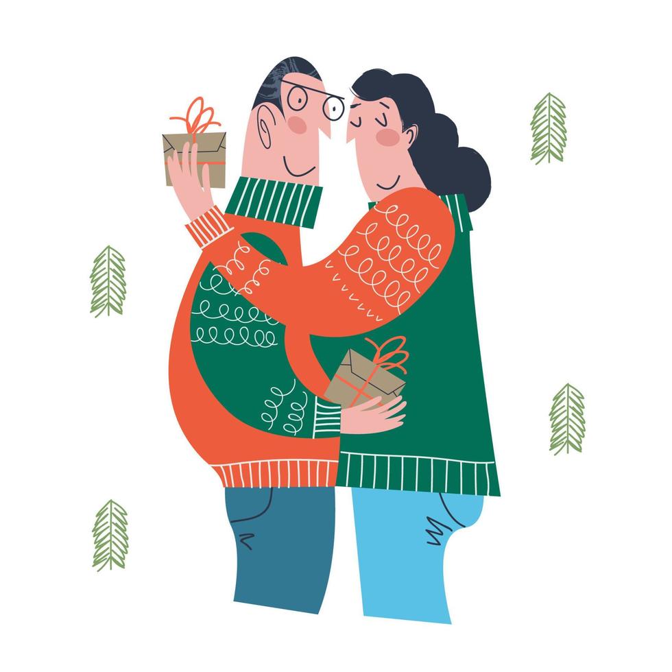 A man and a woman give gifts to each other. Vector illustration.