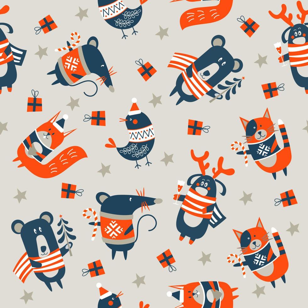 Seamless Christmas pattern on light background. Vector illustration.