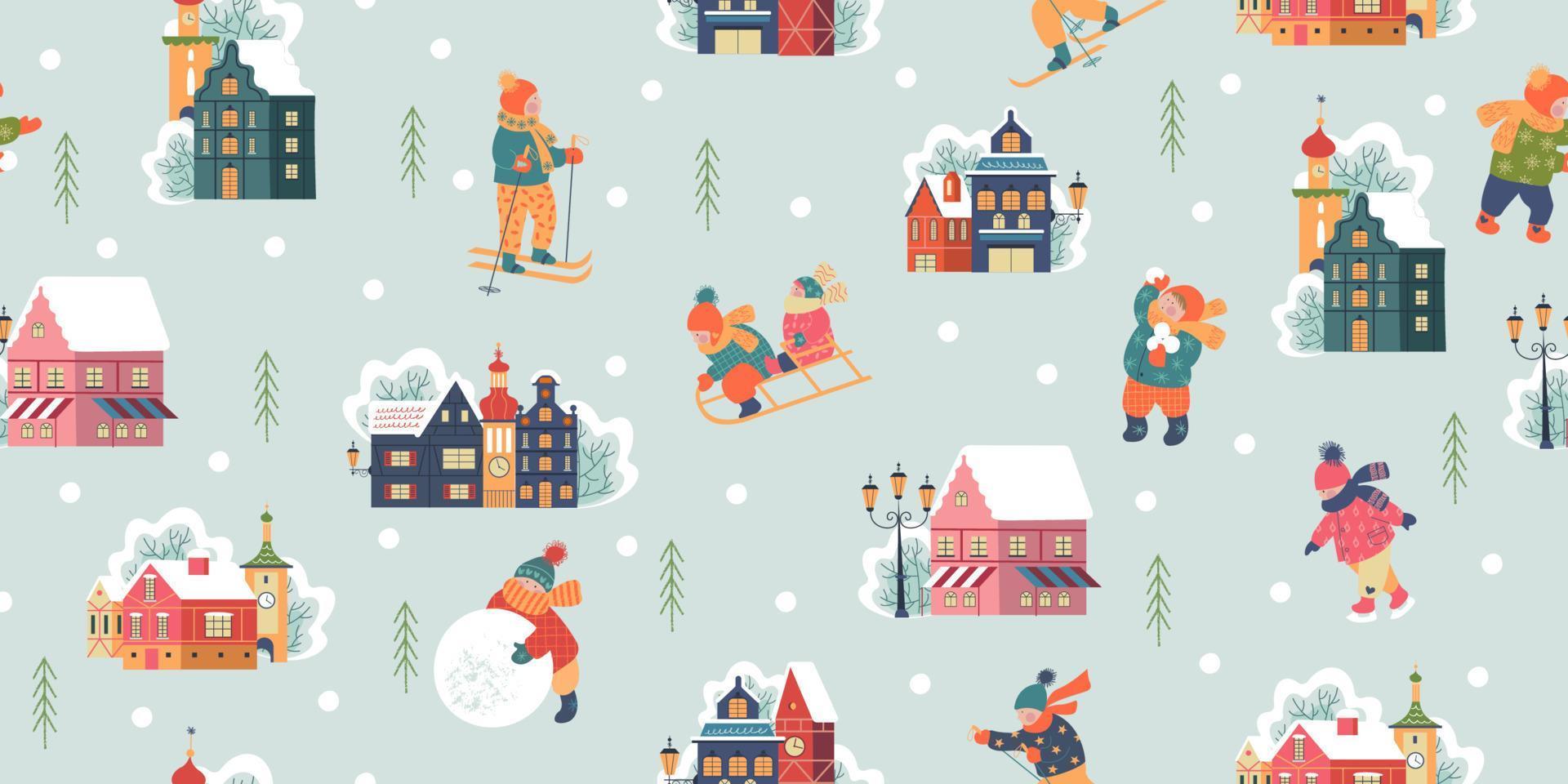 Seamless pattern. Snowy day in cozy christmas town. Winter christmas village day landscape. Children play outside in winter. Vector illustration, greeting card.