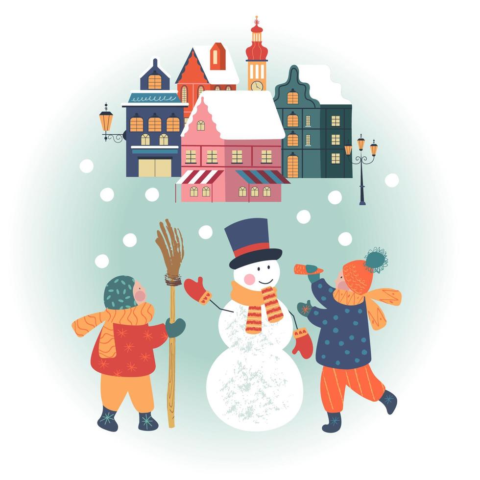 día de nieve en la acogedora ciudad navideña. paisaje de día de pueblo de navidad de invierno. los niños juegan al aire libre en invierno. ilustración vectorial, tarjeta de felicitación. vector