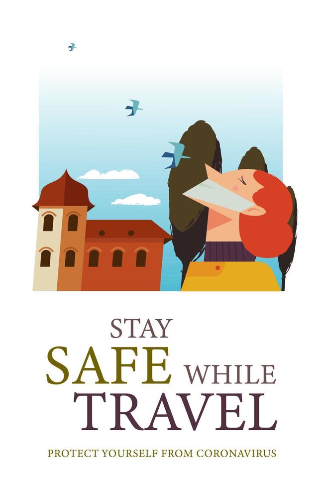 Stay safe while traveling. Vector poster encouraging people to wear masks.