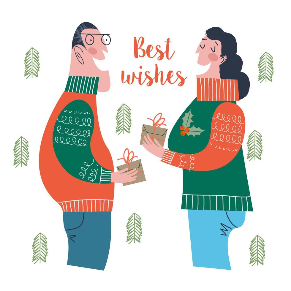 A man and a woman give gifts to each other. Vector illustration.