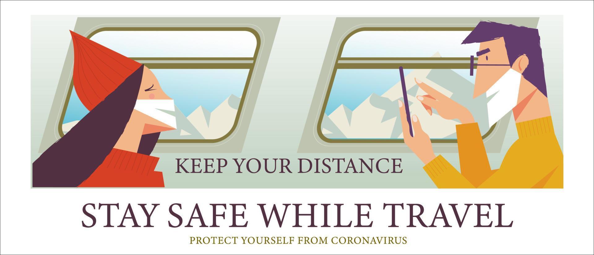 Stay safe while traveling. Vector poster encouraging people to wear masks.