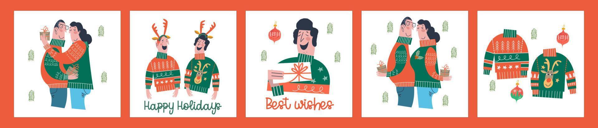 un conjunto de divertidas ilustraciones vectoriales de felicitación navideña y año nuevo. vector