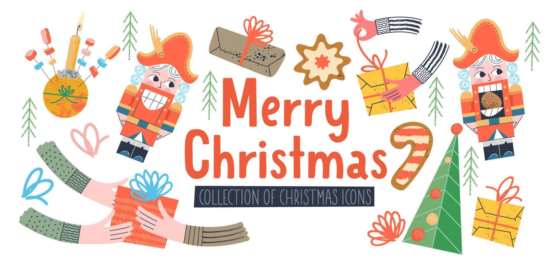 Feliz Navidad. ilustración vectorial, tarjeta de felicitación. un conjunto de elementos de decoración navideña. vector