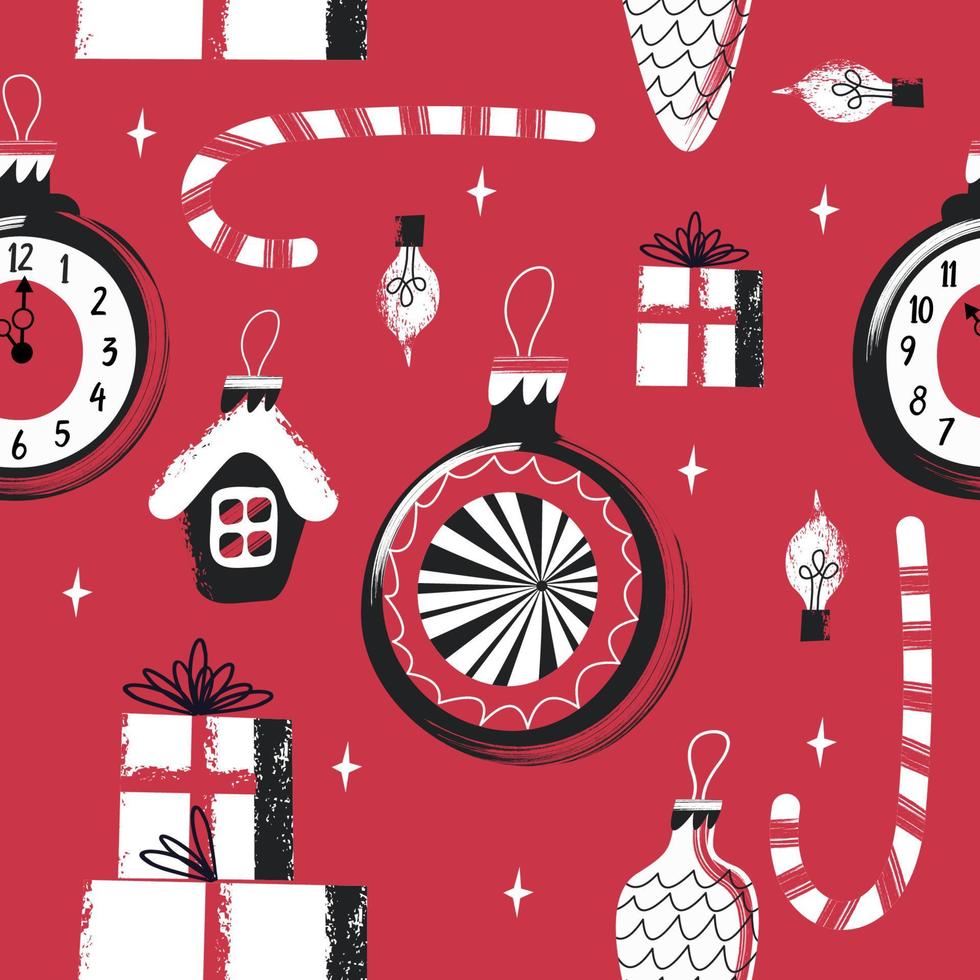 Christmas seamless pattern with Christmas decorations on a red background..RGB vector