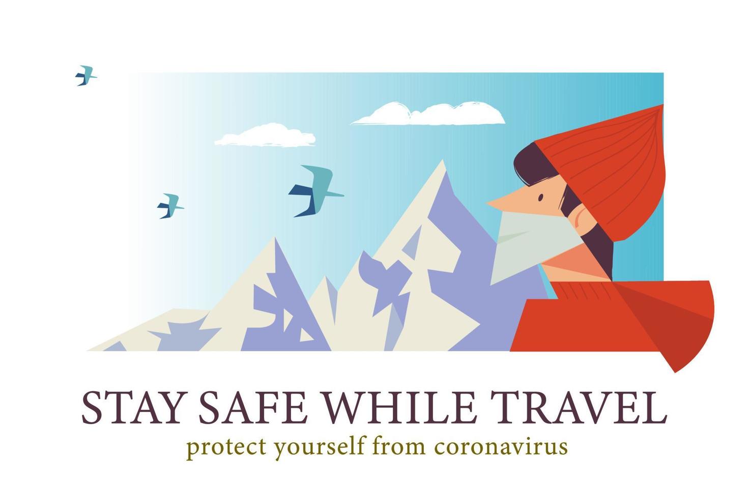 Stay safe while traveling. Vector poster encouraging people to wear masks.