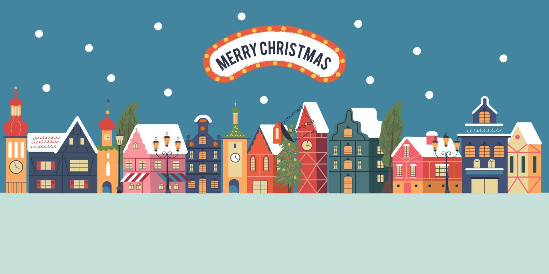 Night snow covered town. Christmas card with. Vector greeting christmas card.
