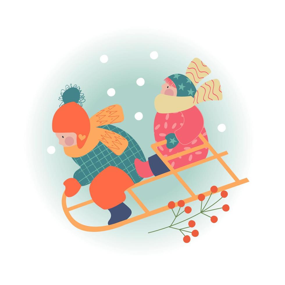 Winter season background kids characters. Flat vector illustration. Winter outdoor activities. Children  have fun.