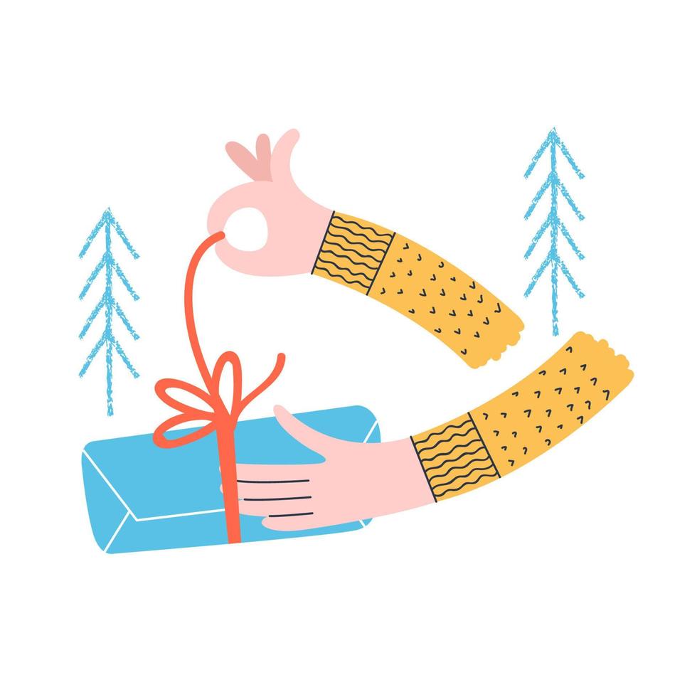 A man opens a Christmas gift. Vector funny illustration.