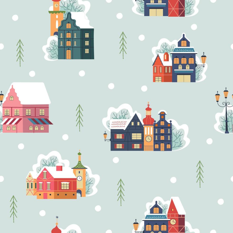 patrón sin costuras. día de nieve en la acogedora ciudad navideña. paisaje de día de pueblo de navidad de invierno. ilustración vectorial. vector