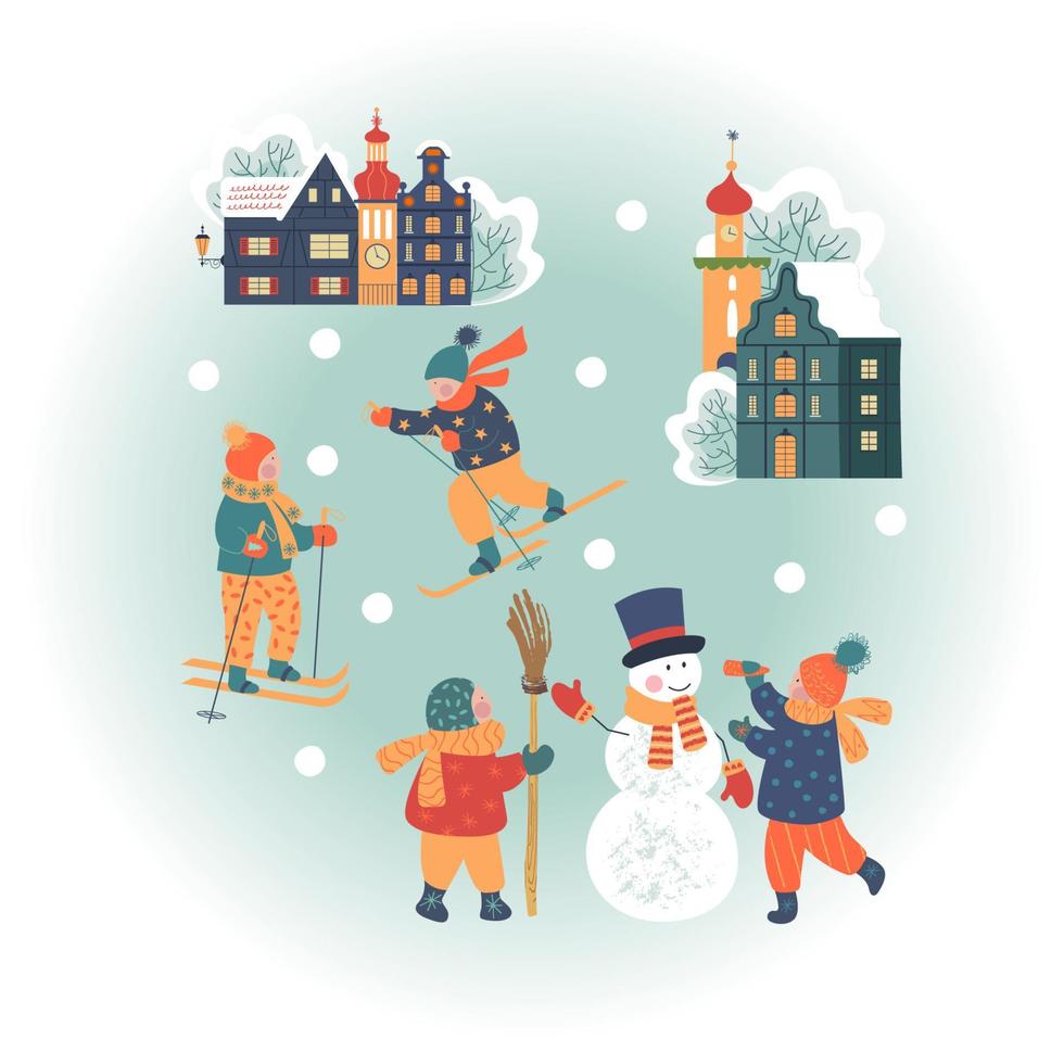 Snowy day in cozy christmas town. Winter christmas village day landscape. Children play outside in winter. Vector illustration, greeting card.