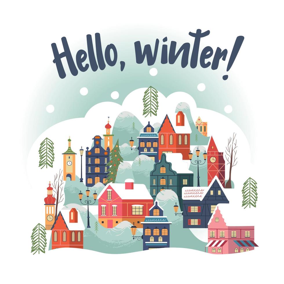 Hola invierno. día de nieve en la acogedora ciudad navideña. paisaje de día de pueblo de navidad de invierno. vector