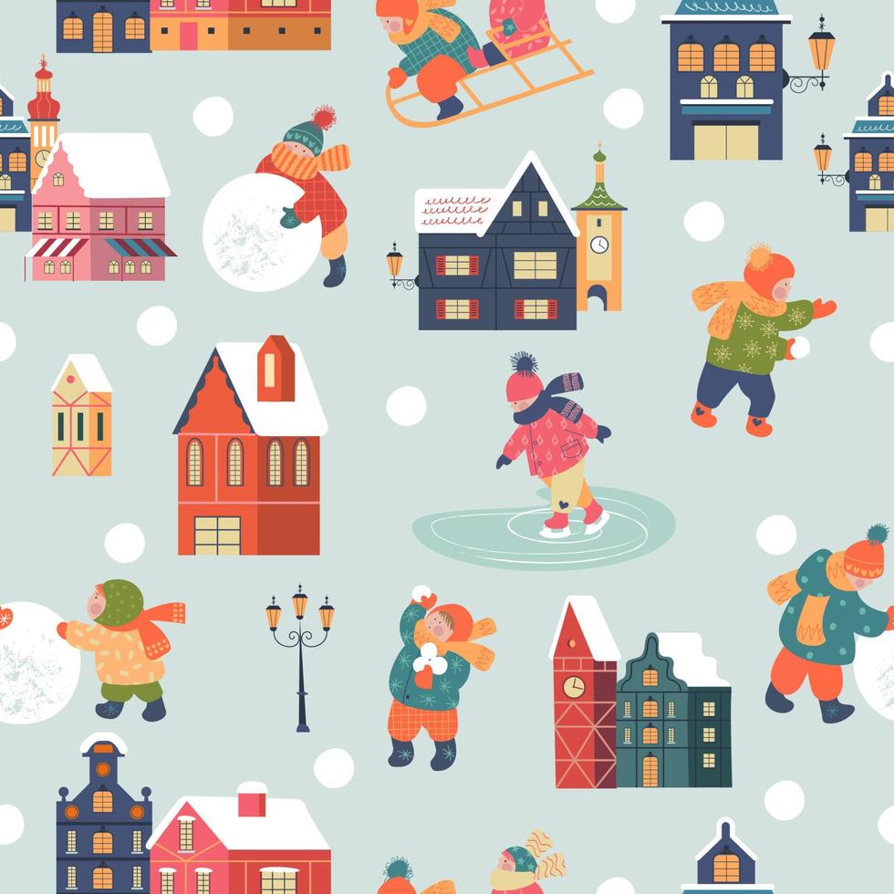 Seamless pattern. Snowy day in cozy christmas town. Winter christmas village day landscape. Children play outside in winter. Vector illustration, greeting card.