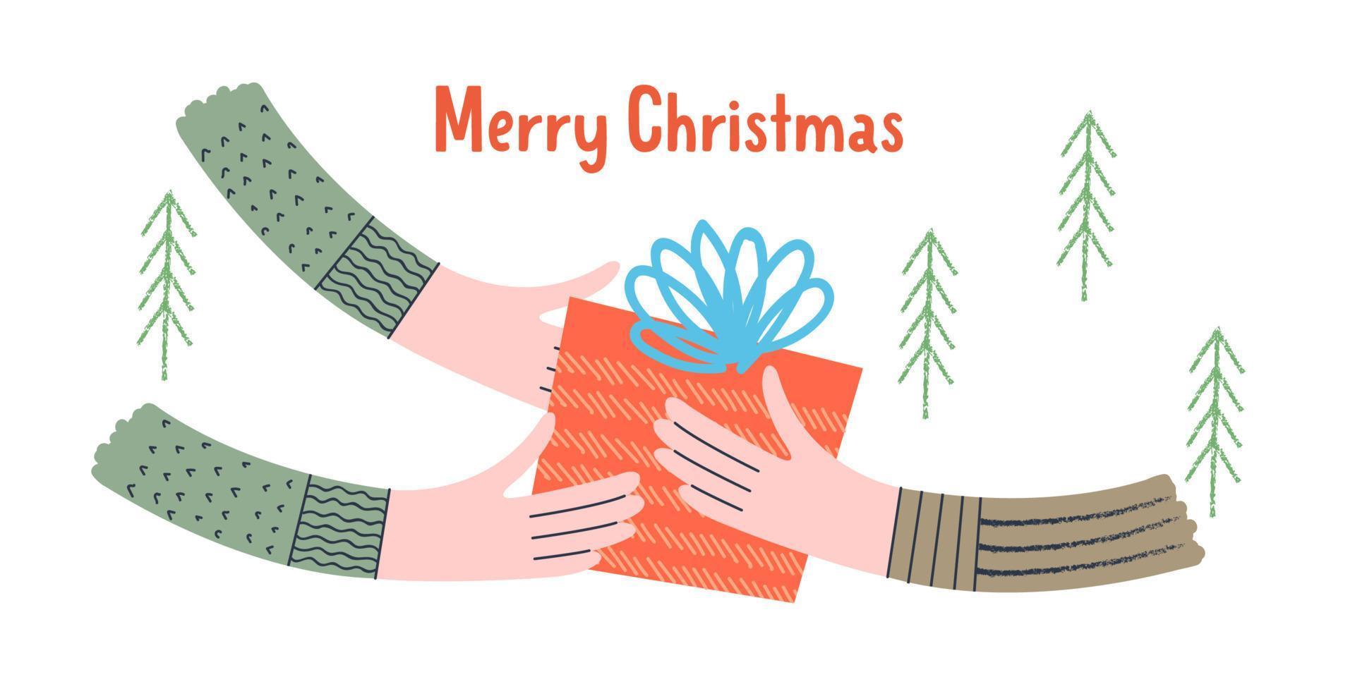 Merry Christmas. Hands hold the gift. Vector illustration.