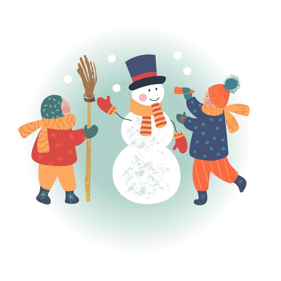 Winter season background kids characters. Flat vector illustration. Winter outdoor activities. Children  have fun.