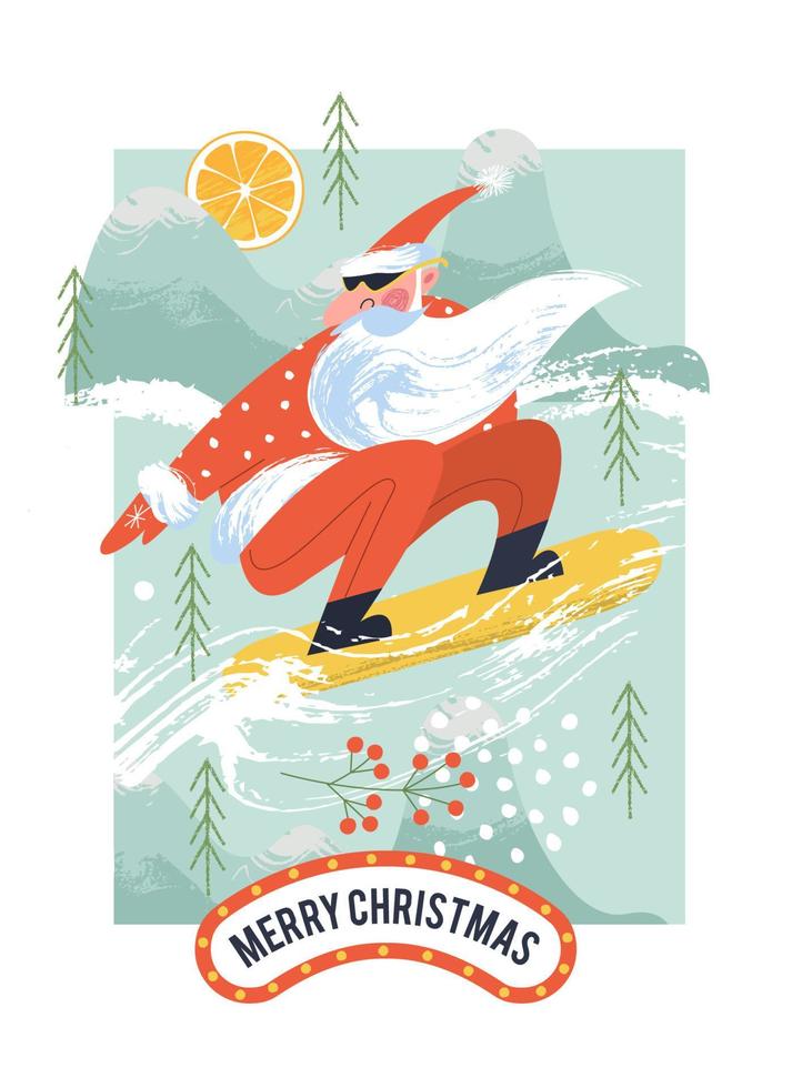 Cool Santa on a snowboard. Vector Christmas card.