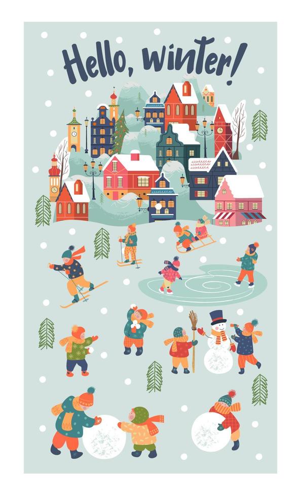 Snowy day in cozy christmas town. Winter christmas village day landscape. Children play outside in winter. Vector illustration, greeting card.