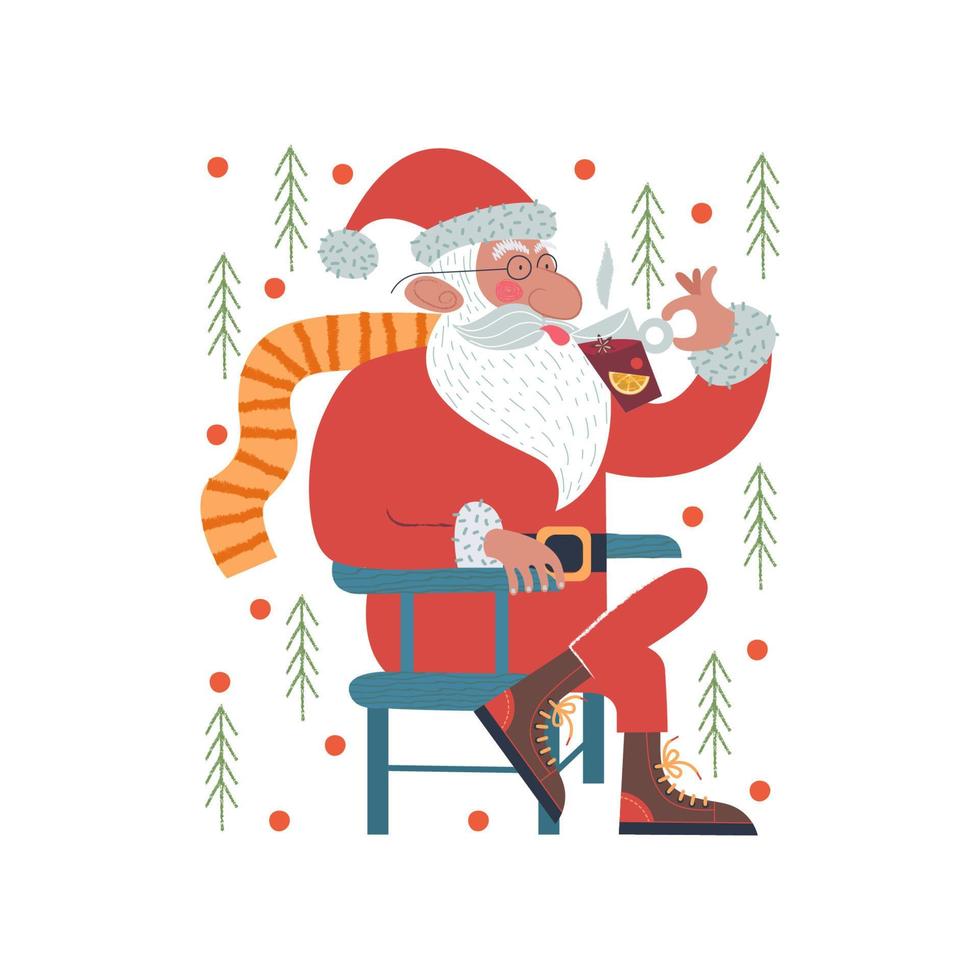 Christmas card with Santa drinking mulled wine. Vector christmas card.