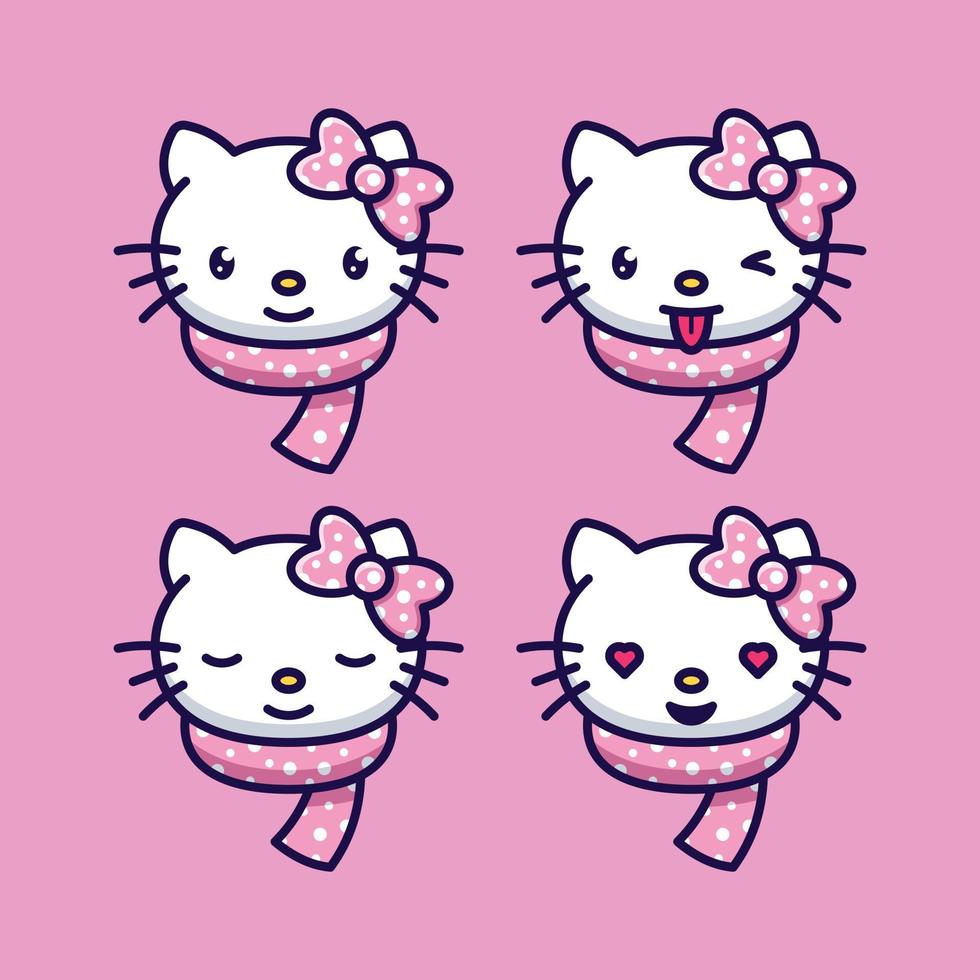 Set Cute Cat Head Icon Cartoon Illustration With Various Face Expressions And Wearing A Necklace vector