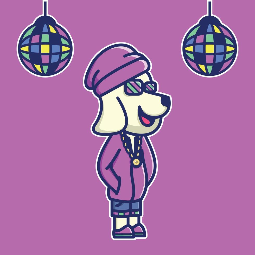 Ilustración de dibujos animados de icono de personaje de perro lindo con elegante sudadera con capucha y lámpara de discoteca vector