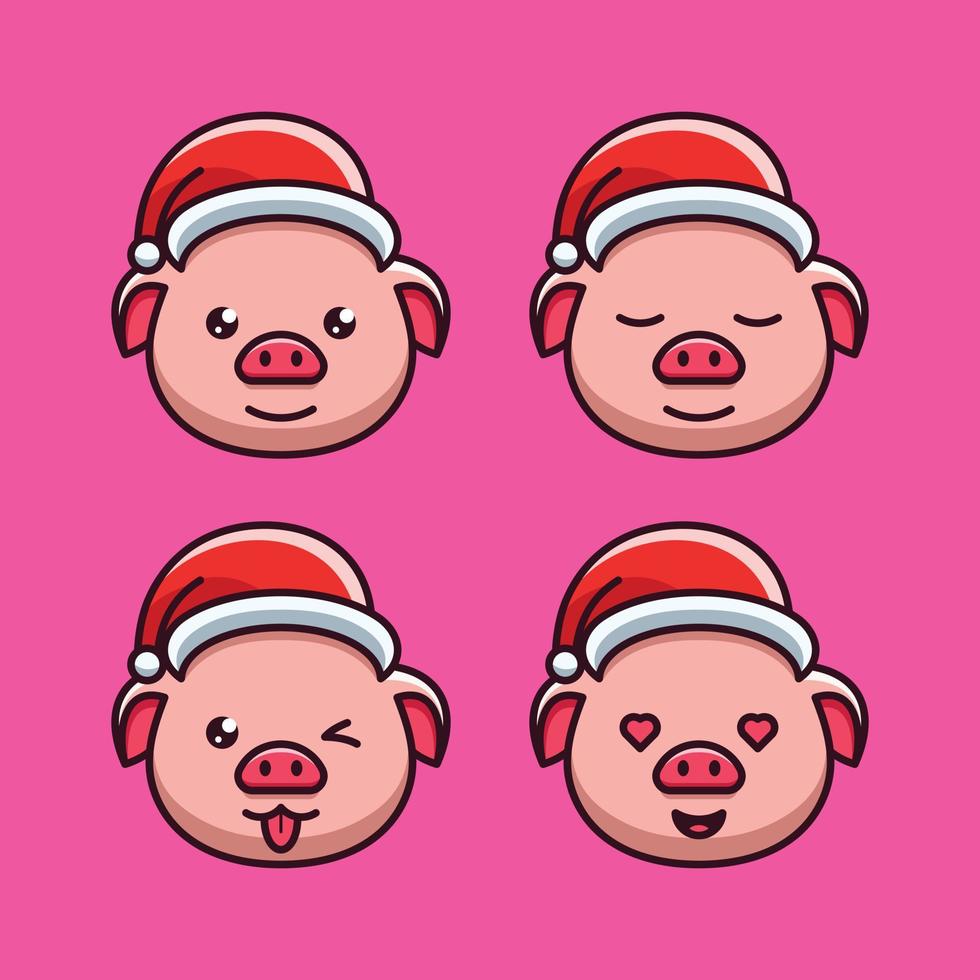 Set Cute Pig Head Character Icon Cartoon Illustration With Christmas Hat vector