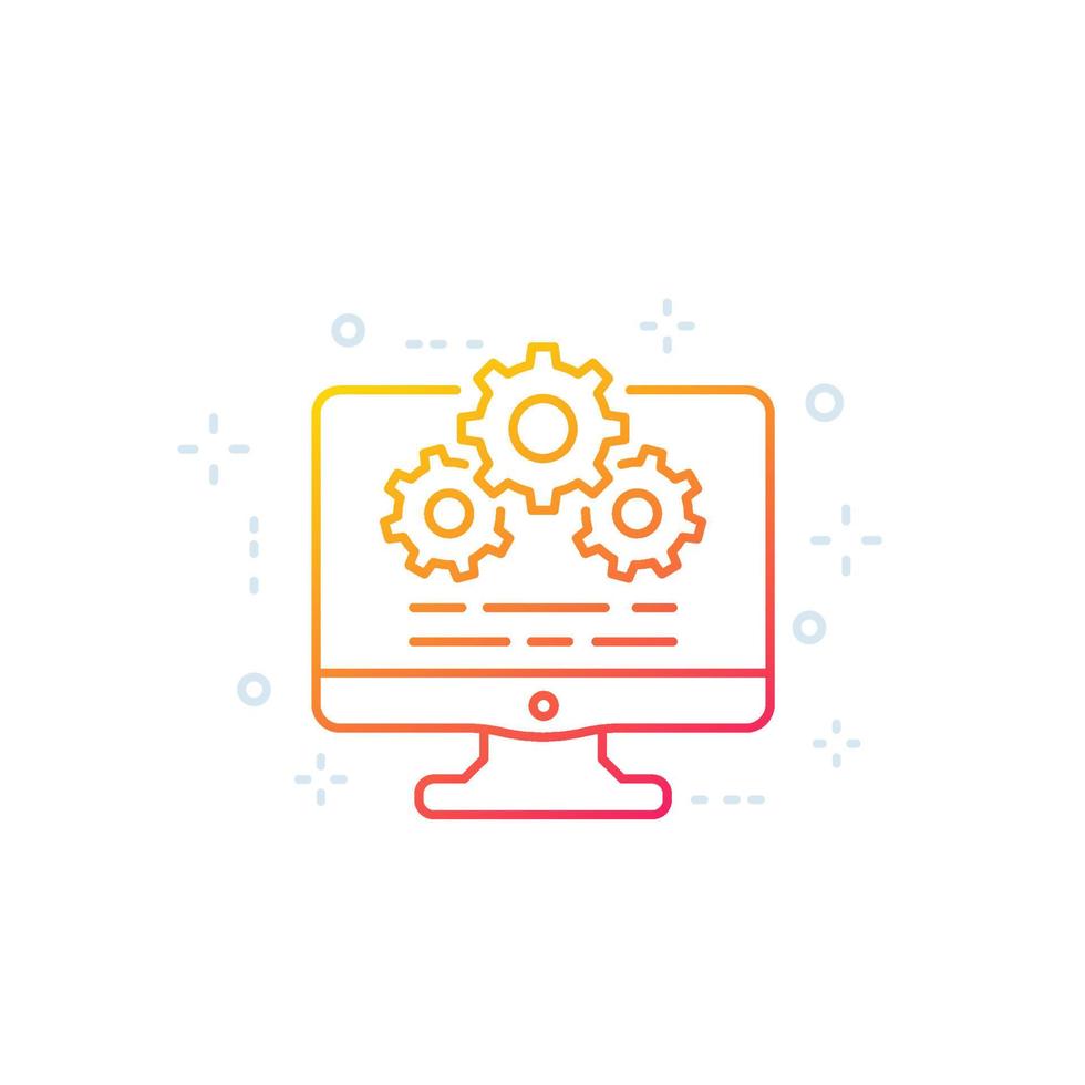 computer and gears line icon, settings and configuration vector