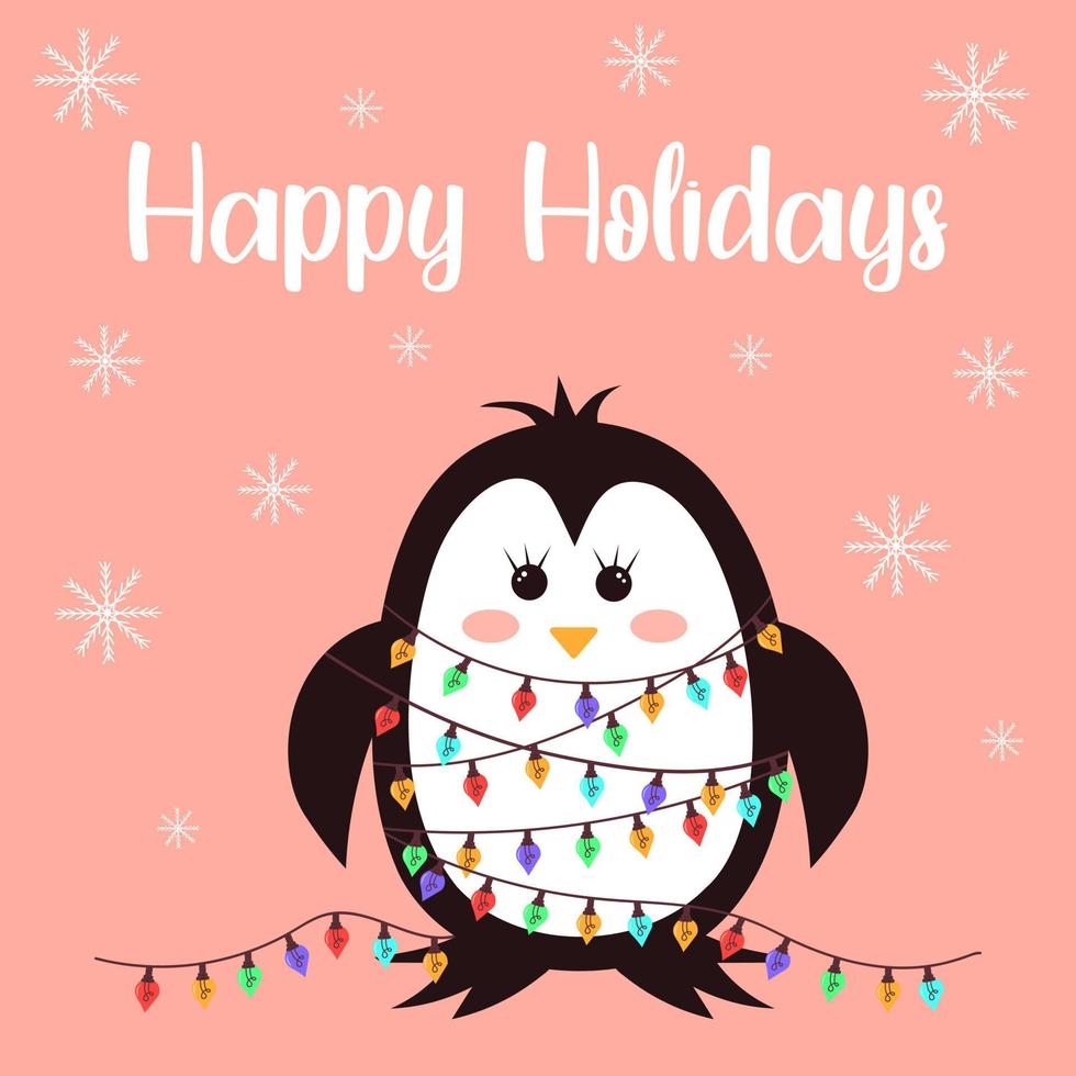 pingüino de navidad con guirnalda. vector