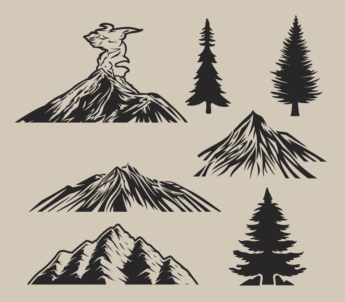 Set of vector illustrations with mountains, trees, and volcano