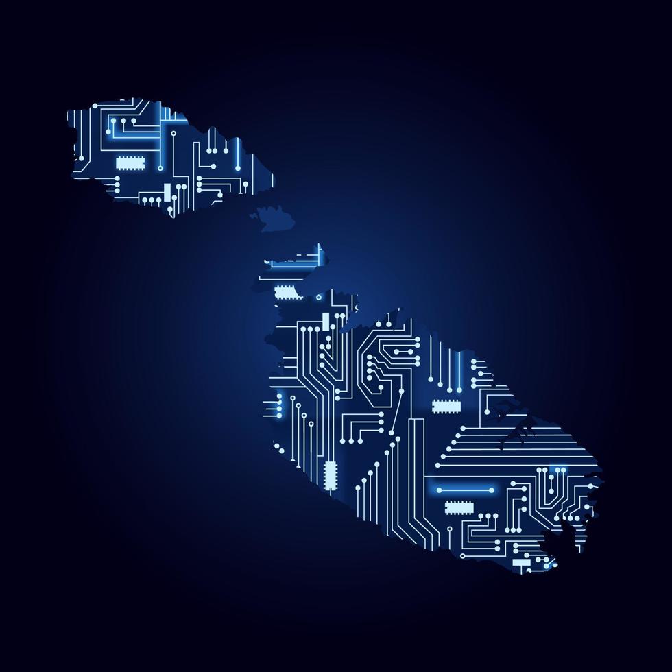 Contour map of Malta with a technological electronics circuit. vector