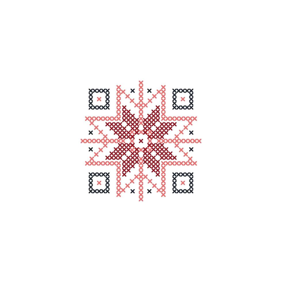 Snow flake with cross stitch element embroidery design or sewing handcraft vector