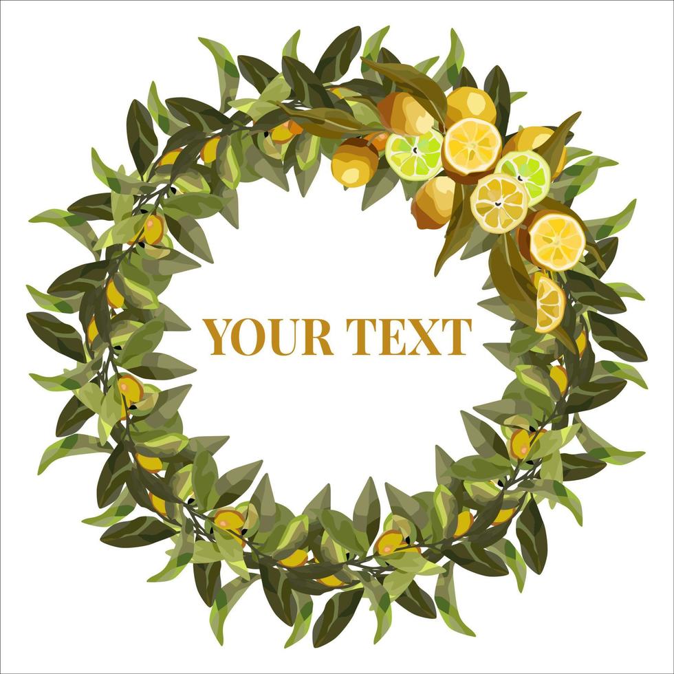 Round wreath of lemon branches. Vector wreath for lemonade labels, summer designs, summer cafes, summer menus, banner ad