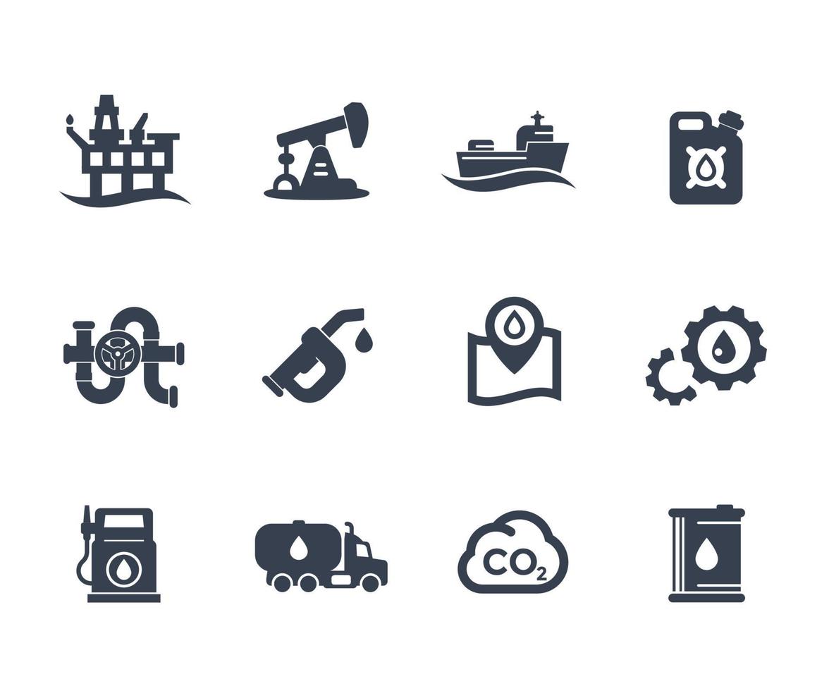 Petroleum industry icons on white, gas station, petrol canister, gasoline nozzle, barrel, oil production platform, rig, derrick, tanker ship vector