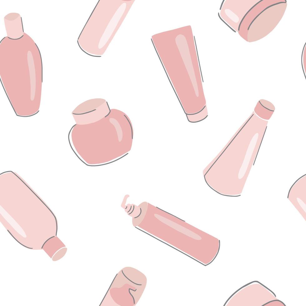 Skincare products seamless pattern. Repeat background of pink tubes, jars and bottles for surface design. Hand drawn cartoon style vector illustration